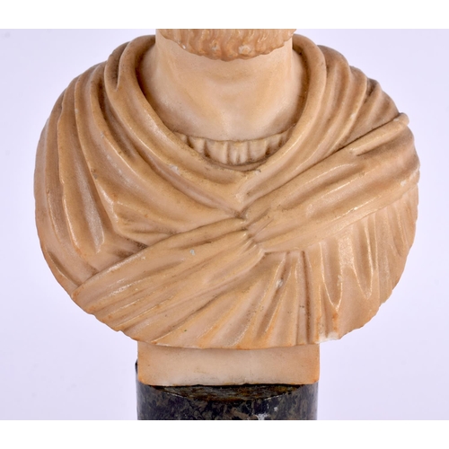 630 - A 19TH CENTURY EUROPEAN GRAND TOUR CARVED ALABASTER BUST OF A MALE modelled upon a marble plinth. 19... 