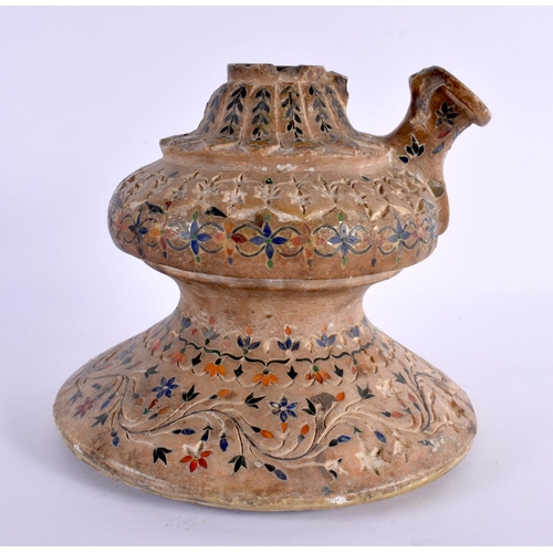 631 - AN 18TH CENTURY MIDDLE EASTERN HARDSTONE INLAID MARBLE HOOKAH PIPE BASE with bronze attachment. Larg... 