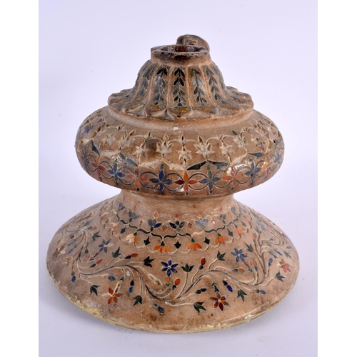 631 - AN 18TH CENTURY MIDDLE EASTERN HARDSTONE INLAID MARBLE HOOKAH PIPE BASE with bronze attachment. Larg... 