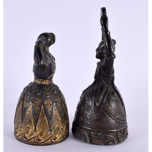 634 - A PAIR OF REGENCY COLD PAINTED BRONZE CHINOSERIE BELLS. Largest 12 cm high. (2)