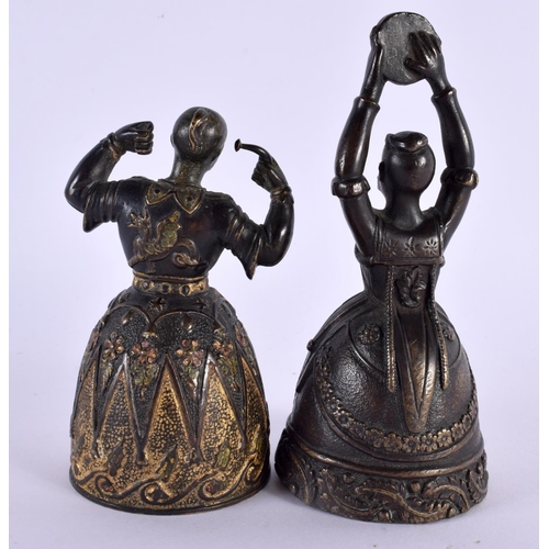 634 - A PAIR OF REGENCY COLD PAINTED BRONZE CHINOSERIE BELLS. Largest 12 cm high. (2)