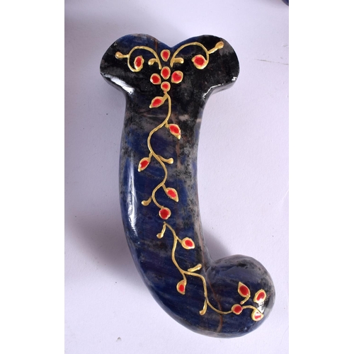 639 - FIVE MIDDLE EASTERN PERSIAN INDIAN QAJAR LACQUERED LAPIS LAZULU DAGGER HANDLES. 15 cm long. (5)