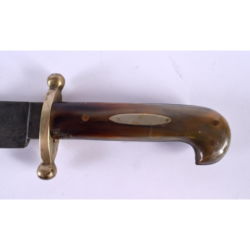 642 - A LARGE MAHWOOD BROTHERS LEATHER CASED HORN HANDLED KNIFE. 45 cm long.