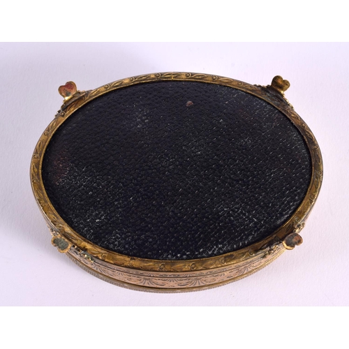 649 - AN ANTIQUE GILT METAL AND SHAGREEN CASKET decorated with fleur de lys. 13 cm x 9 cm.