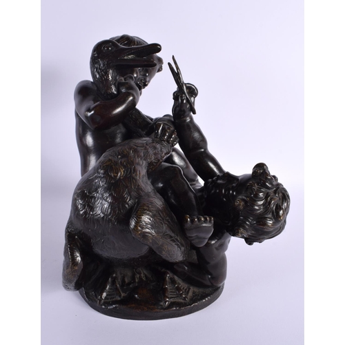 656 - A LARGE 19TH CENTURY FRENCH BRONZE BUST OF WRESTLING PUTTI together with a large enamelled French ur... 