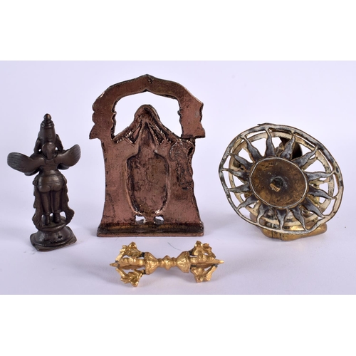 661 - AN 18TH CENTURY INDIAN BRONZE BUDDHA together with similar items. Largest 8 cm x 5 cm. (4)