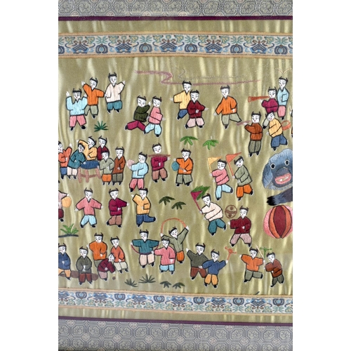 673 - A CHINESE REPUBLICAN PERIOD SILK WORK PANEL together with an Autograph book. 62 cm x 30 cm. (2)