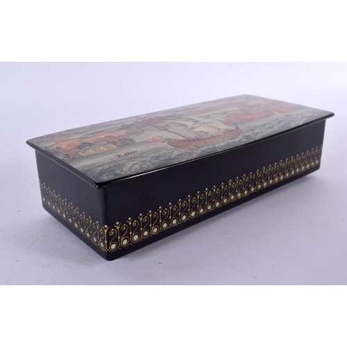 693 - A FINE RUSSIAN BLACK LACQUERED BOX AND COVER painted with ships before a city. 16 cm x 8 cm.