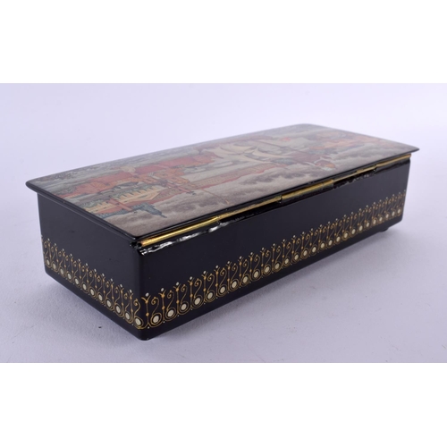 693 - A FINE RUSSIAN BLACK LACQUERED BOX AND COVER painted with ships before a city. 16 cm x 8 cm.