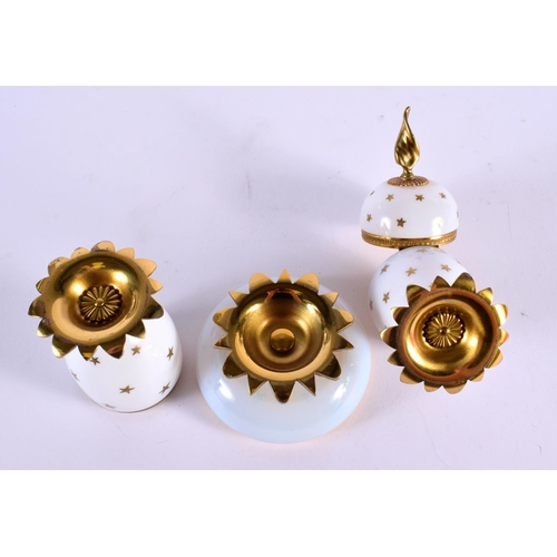 698 - AN ART DECO FRENCH OPALINE GLASS AND GILT METAL DESK SET painted with stars. Largest 15 cm high. (3)