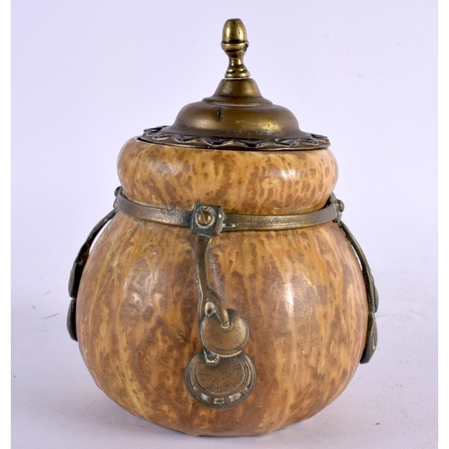 7 - AN AUSTRIAN SECCIONIST MOVEMENT POTTERY BARREL AND COVER overlaid with gilt metal motifs. 15 cm x 9 ... 