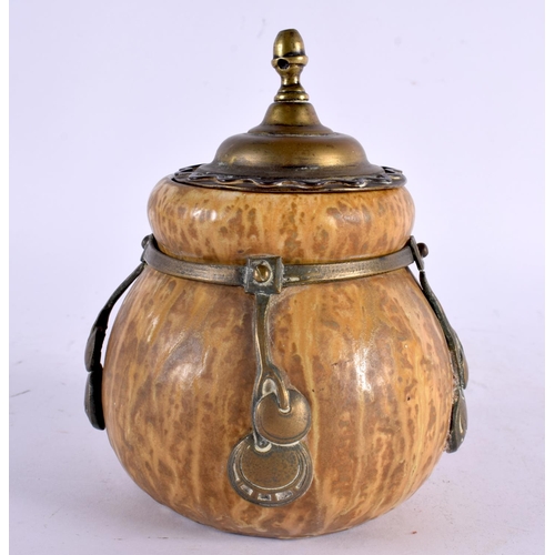 7 - AN AUSTRIAN SECCIONIST MOVEMENT POTTERY BARREL AND COVER overlaid with gilt metal motifs. 15 cm x 9 ... 