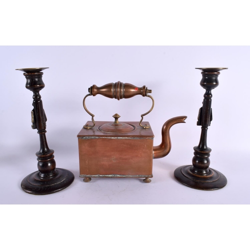 703 - A PAIR OF EDWARDIAN OAK AND BRONZE SHAKESPEARE CANDLESTICKS together with a Victorian copper teapot ... 