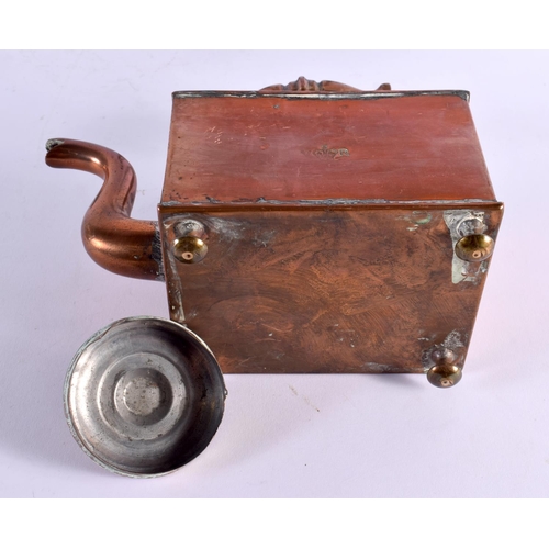 703 - A PAIR OF EDWARDIAN OAK AND BRONZE SHAKESPEARE CANDLESTICKS together with a Victorian copper teapot ... 