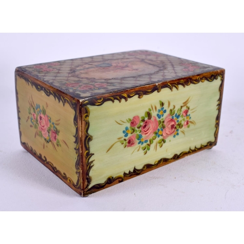 712 - A SMALL EARLY 20TH CENTURY EUROPEAN PAINTED MUSIC BOX depicting a female. 10.5 cm x 7 cm.