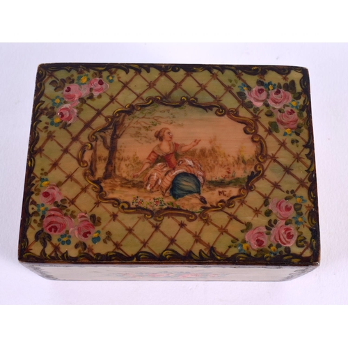 712 - A SMALL EARLY 20TH CENTURY EUROPEAN PAINTED MUSIC BOX depicting a female. 10.5 cm x 7 cm.