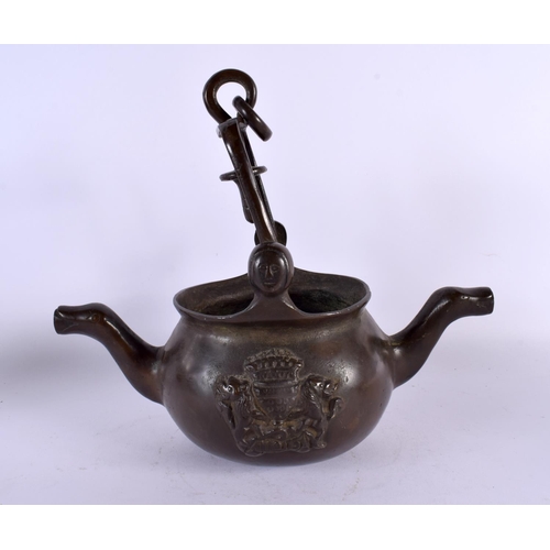 713 - AN UNUSUAL 18TH CENTURY EUROPEAN BRONZE DOUBLE SPOUTED TEAPOT dated 1757. 26 cm x 22 cm.