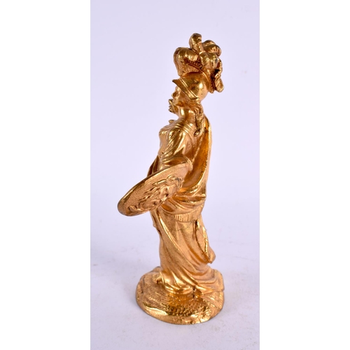 721 - A 19TH CENTURY ENGLISH GILT BRONZE FIGURE OF A FEMALE modelled holding a shield. 14 cm high.