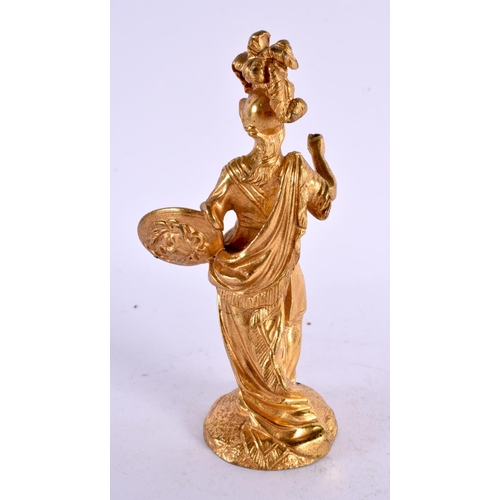 721 - A 19TH CENTURY ENGLISH GILT BRONZE FIGURE OF A FEMALE modelled holding a shield. 14 cm high.