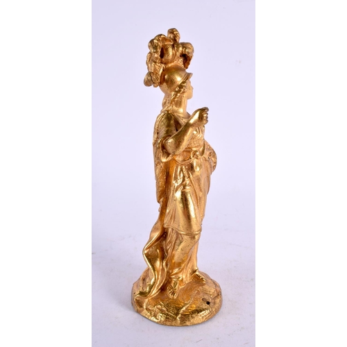 721 - A 19TH CENTURY ENGLISH GILT BRONZE FIGURE OF A FEMALE modelled holding a shield. 14 cm high.