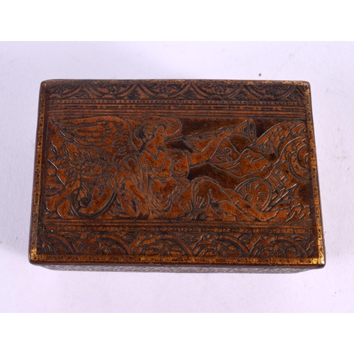 722 - AN UNUSUAL 19TH CENTURY TOOLED LEATHER JEWELLERY CASKET depicting classical figures. 10 cm x 7 cm.