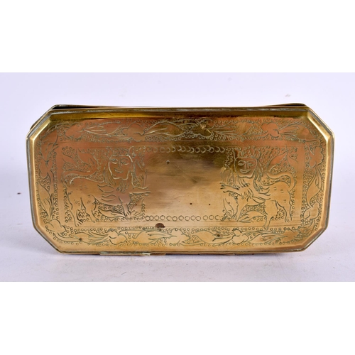 723 - AN 18TH/19TH CENTURY MIDDLE EASTERN ENGRAVED TABLE BOX AND COVER depicting lions within landscapes. ... 