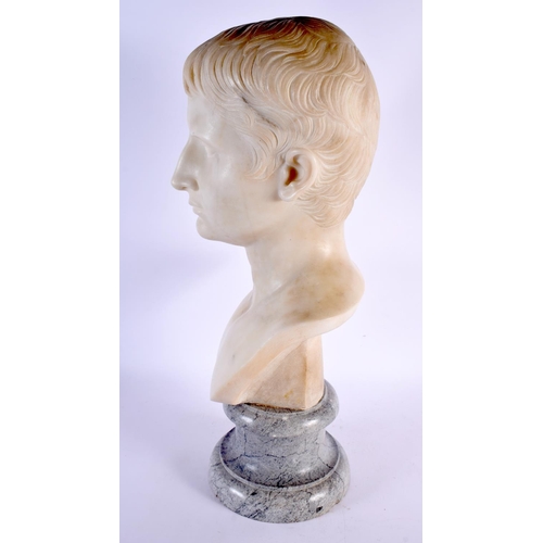 727 - A FINE 19TH CENTURY ITALIAN CARVED WHITE CARRERA MARBLE BUST OF YOUNG OCTAVIUS After the Antiquity, ... 