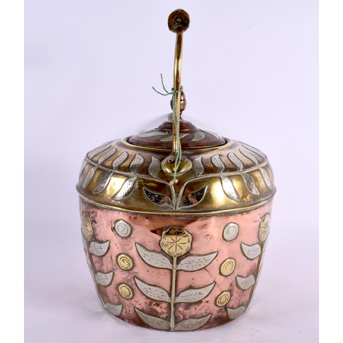 728 - A LARGE 19TH CENTURY INDIAN MIXED METAL KETTLE AND COVER decorated with flowers and vines. 33 cm x 2... 