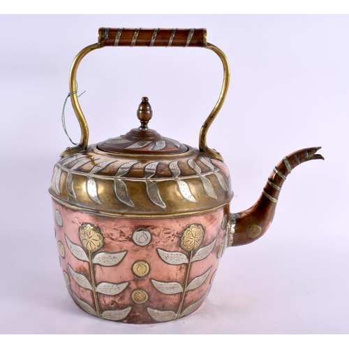 728 - A LARGE 19TH CENTURY INDIAN MIXED METAL KETTLE AND COVER decorated with flowers and vines. 33 cm x 2... 