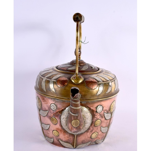 728 - A LARGE 19TH CENTURY INDIAN MIXED METAL KETTLE AND COVER decorated with flowers and vines. 33 cm x 2... 