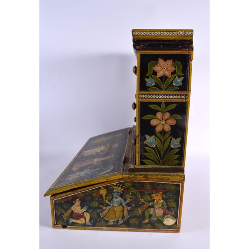 730 - AN UNUSUAL LARGE EARLY 20TH CENTURY INDIAN COUNTRY HOUSE RAJASTHANI DESK CABINET painted with buddhi... 