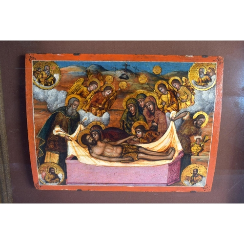 733 - A GOOD 18TH/19TH CENTURY RUSSIAN PAINTED WOODEN ICON depicting figures and saints within landscapes.... 