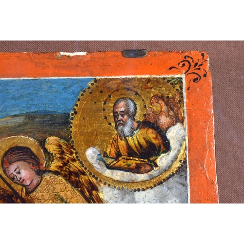 733 - A GOOD 18TH/19TH CENTURY RUSSIAN PAINTED WOODEN ICON depicting figures and saints within landscapes.... 