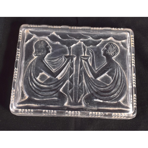 74 - AN ART DECO FRENCH COSTEBELLE GLASS BOX AND COVER depicting stylised females. 12 cm x 9 cm.