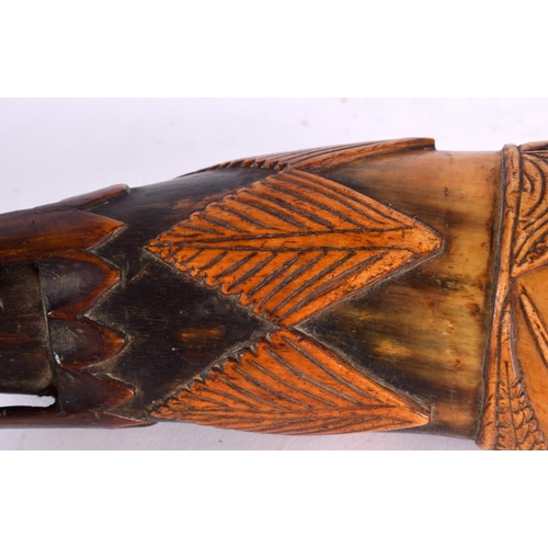 745 - A VERY RARE 18TH CENTURY SCANDANAVIAN CARVED COW HORN POWDER FLASK probably Norwegian, carved with f... 