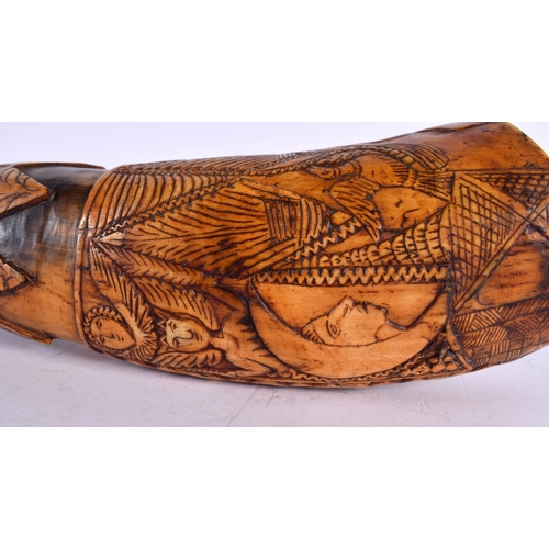 745 - A VERY RARE 18TH CENTURY SCANDANAVIAN CARVED COW HORN POWDER FLASK probably Norwegian, carved with f... 