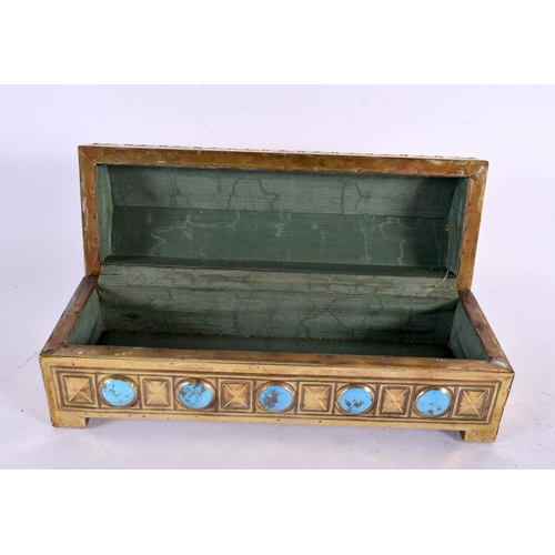 761 - AN UNUSUAL ARTS AND CRAFTS REPOUSSE BRASS TURQUOISE PORCELAIN INSET CASKET together with a similar b... 