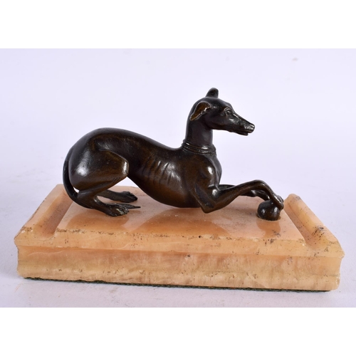 763 - A REGENCY BRONZE FIGURE OF A SLENDER GREYHOUND together with a Grand tour bronze soldier & a bronze ... 