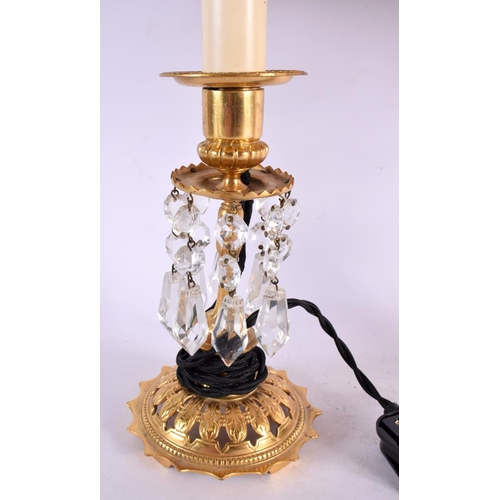 770 - A PAIR OF REGENCY STYLE PRISM DROP LAMPS. 45 cm high.