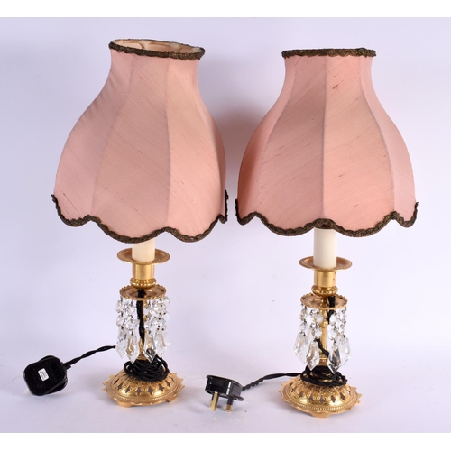 770 - A PAIR OF REGENCY STYLE PRISM DROP LAMPS. 45 cm high.