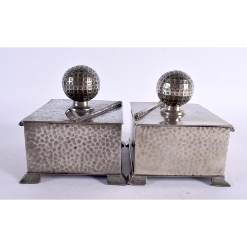 771 - A PAIR OF ART DECO CIVIC PEWTER GOLFING CIGARETTE BOXES AND COVERS formed with clubs and balls. 11.5... 