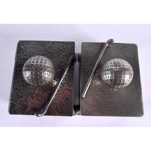 771 - A PAIR OF ART DECO CIVIC PEWTER GOLFING CIGARETTE BOXES AND COVERS formed with clubs and balls. 11.5... 