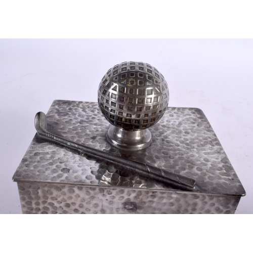 771 - A PAIR OF ART DECO CIVIC PEWTER GOLFING CIGARETTE BOXES AND COVERS formed with clubs and balls. 11.5... 