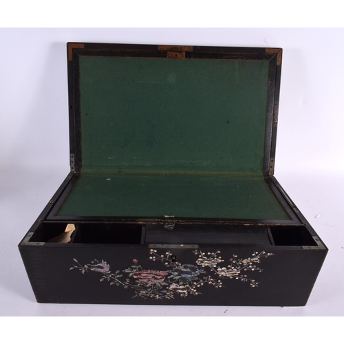 787 - A LARGE 19TH CENTURY CHINESE KOREAN MOTHER OF PEARL BLACK LACQUER BOX decorated with figures in land... 