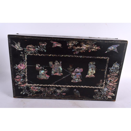 787 - A LARGE 19TH CENTURY CHINESE KOREAN MOTHER OF PEARL BLACK LACQUER BOX decorated with figures in land... 