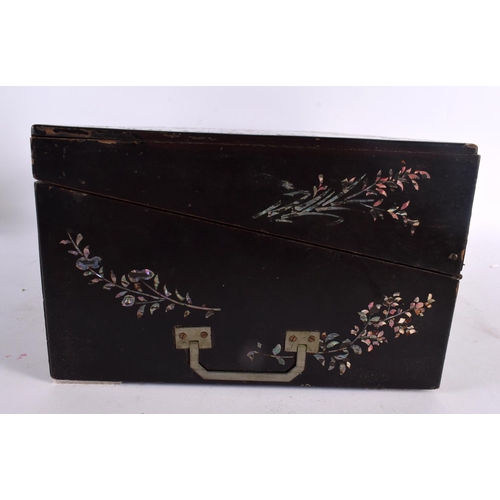 787 - A LARGE 19TH CENTURY CHINESE KOREAN MOTHER OF PEARL BLACK LACQUER BOX decorated with figures in land... 