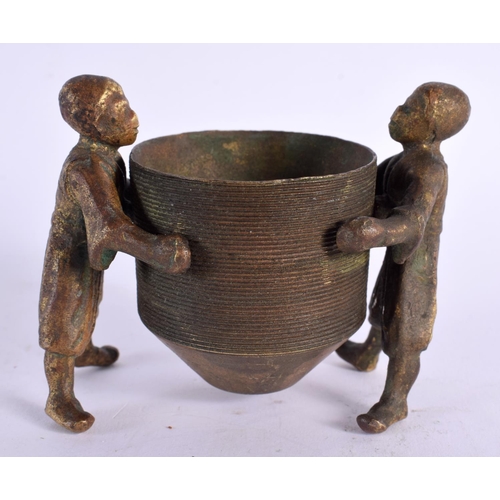 799 - AN UNUSUAL EARLY 20TH CENTURY EUROPEAN COLD PAINTED BRONZE CENSER formed with two boys holding aloft... 