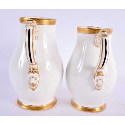 85 - A GRADUATED SET OF THREE 19TH CENTURY ENGLISH PORCELAIN JUGS. Largest 20 cm x 12 cm. (3)