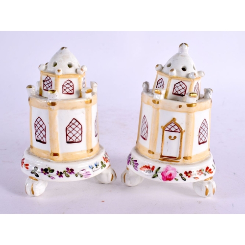 48 - AN UNUSUAL PAIR OF EARLY 19TH CENTURY ENGLISH PORCELAIN POT POURRI AND COVERS formed as houses, pain... 