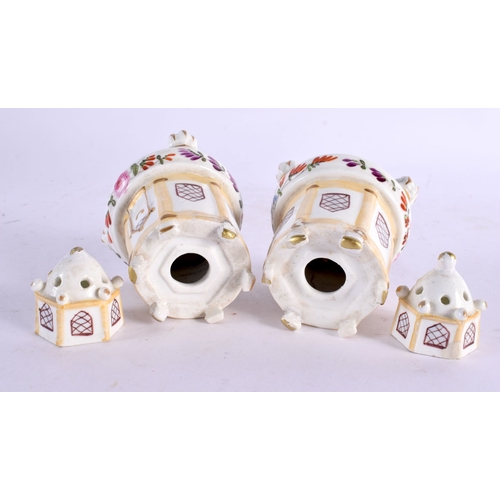 48 - AN UNUSUAL PAIR OF EARLY 19TH CENTURY ENGLISH PORCELAIN POT POURRI AND COVERS formed as houses, pain... 